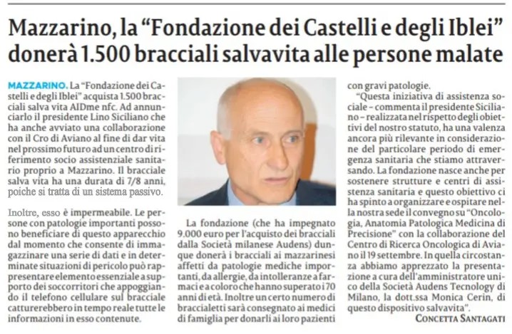 Mazzarino: la Fondazione dei Castelli e degli Iblei donerà 1500 bracciali salvavita AIDme alle persone malate